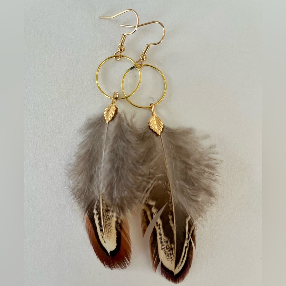 Boho feather earrings - pheasant feathers - gold plated brass - handcrafted
